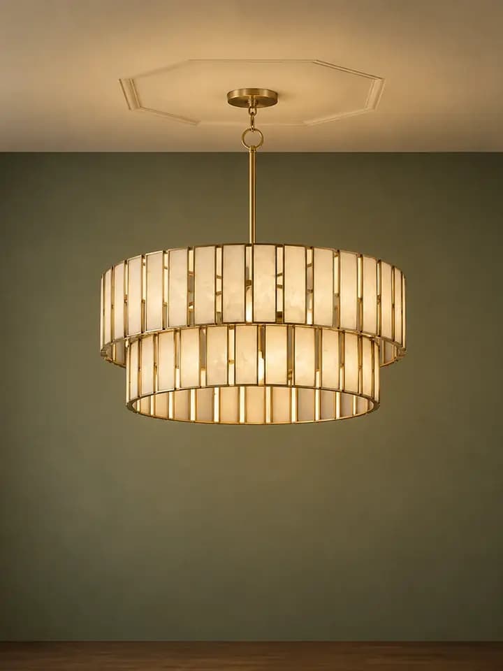 Avelora Mermer Avize Eskitme 80 X 100 CM - eskitme pirinç iskelette dikey mermer panelli iki kademeli tambur avize