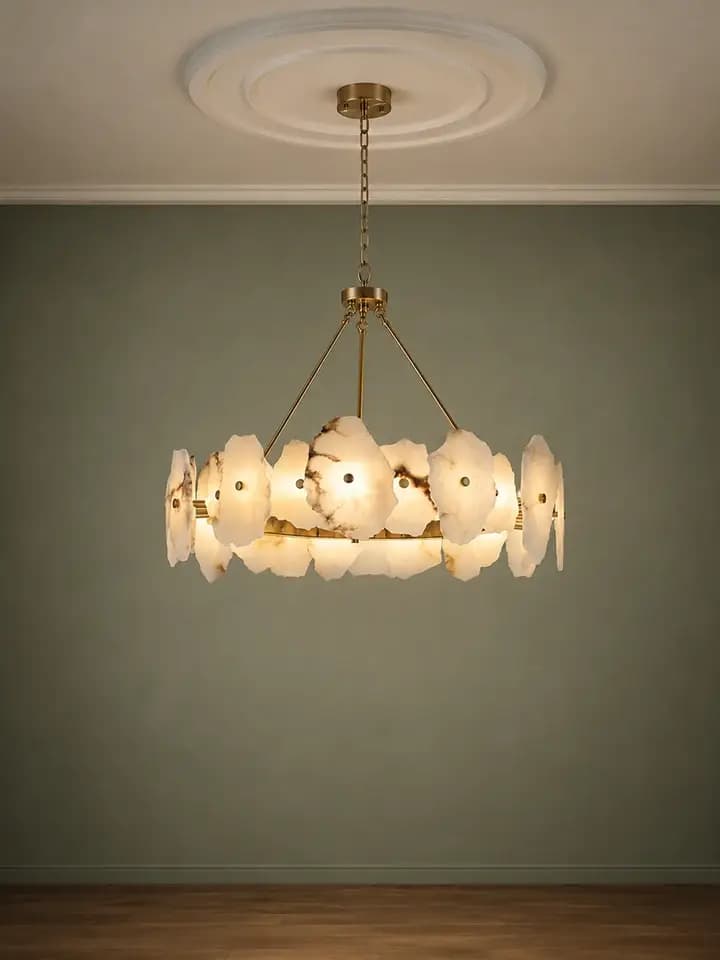 Virella Mermer Avize Eskitme 60 X 100 CM - eskitme pirinç halka üzerinde doğal kenarlı mermer levhalı halka avize