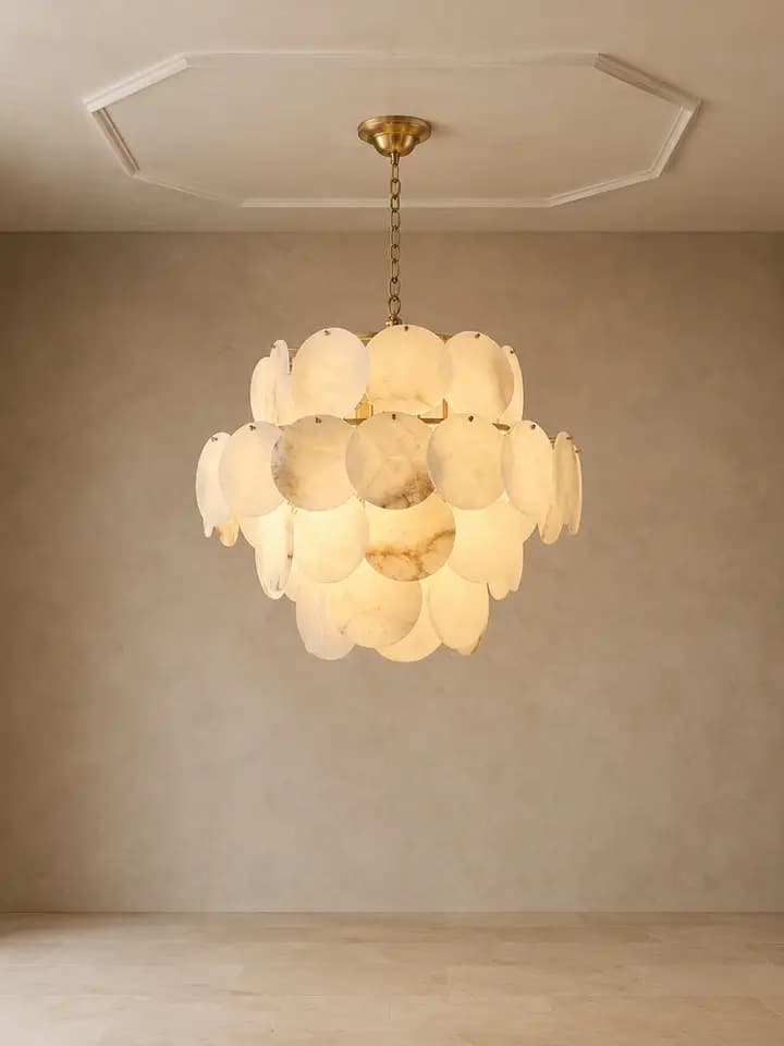 Cavelle Mermer Sarkıt Avize Lark Eskitme 60 X 75 CM - eskitme pirinç iskelet üzerinde kademeli, üst üste binen mermer disklerden oluşan sarkıt avize