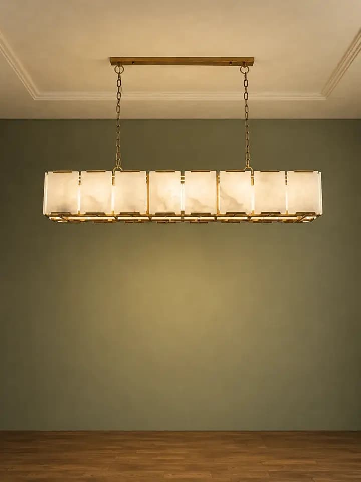 Gracelle Mermer Sarkıt Avize Lark Eskitme 100 X 100 CM - eskitme pirinç kafes iskelet üzerinde yan yana dizilmiş dikdörtgen mermer levhalı lineer sarkıt avize