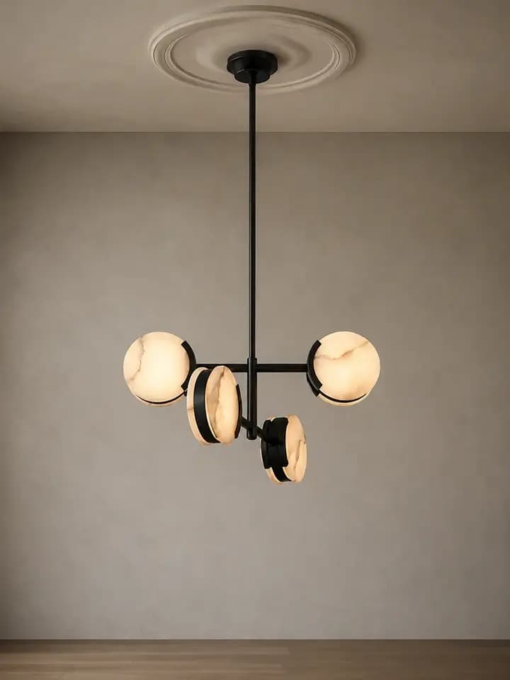 Mirevia Mermer Avize Siyah 12 X 75 CM - ince siyah metal kollar üzerinde dört mermer diskli tavan avizesi